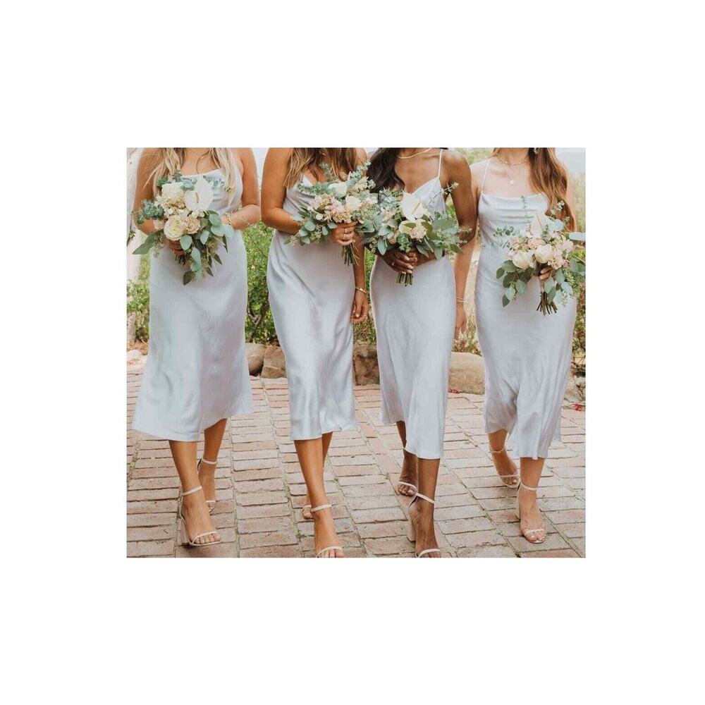 Show Me Your Mumu Verona Cowl Dress, Romantic, Bridal in Silver Luxe Satin Sz L - Picture 3 of 6